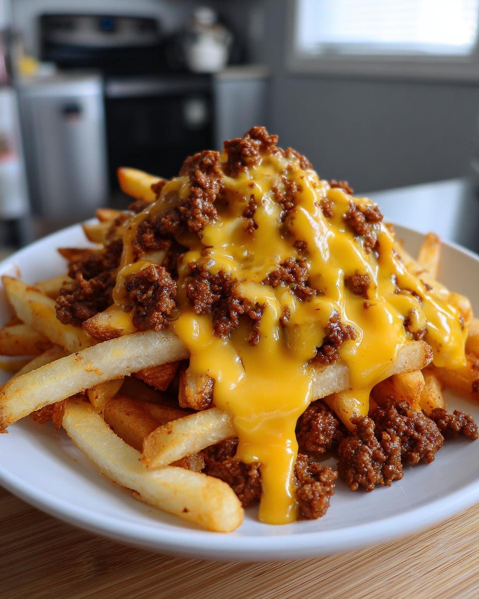A generous serving of crispy french fries smothered in chili and melted cheddar cheese sauce, making amazing Loaded Cheese Fries Beef.