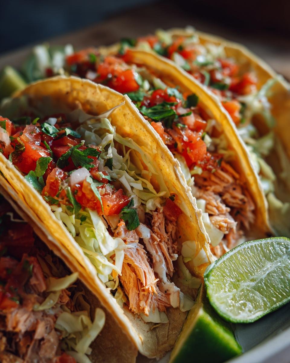 Three delicious Salmon Tacos filled with shredded salmon, cabbage slaw, and topped with fresh pico de gallo, served with lime wedges.