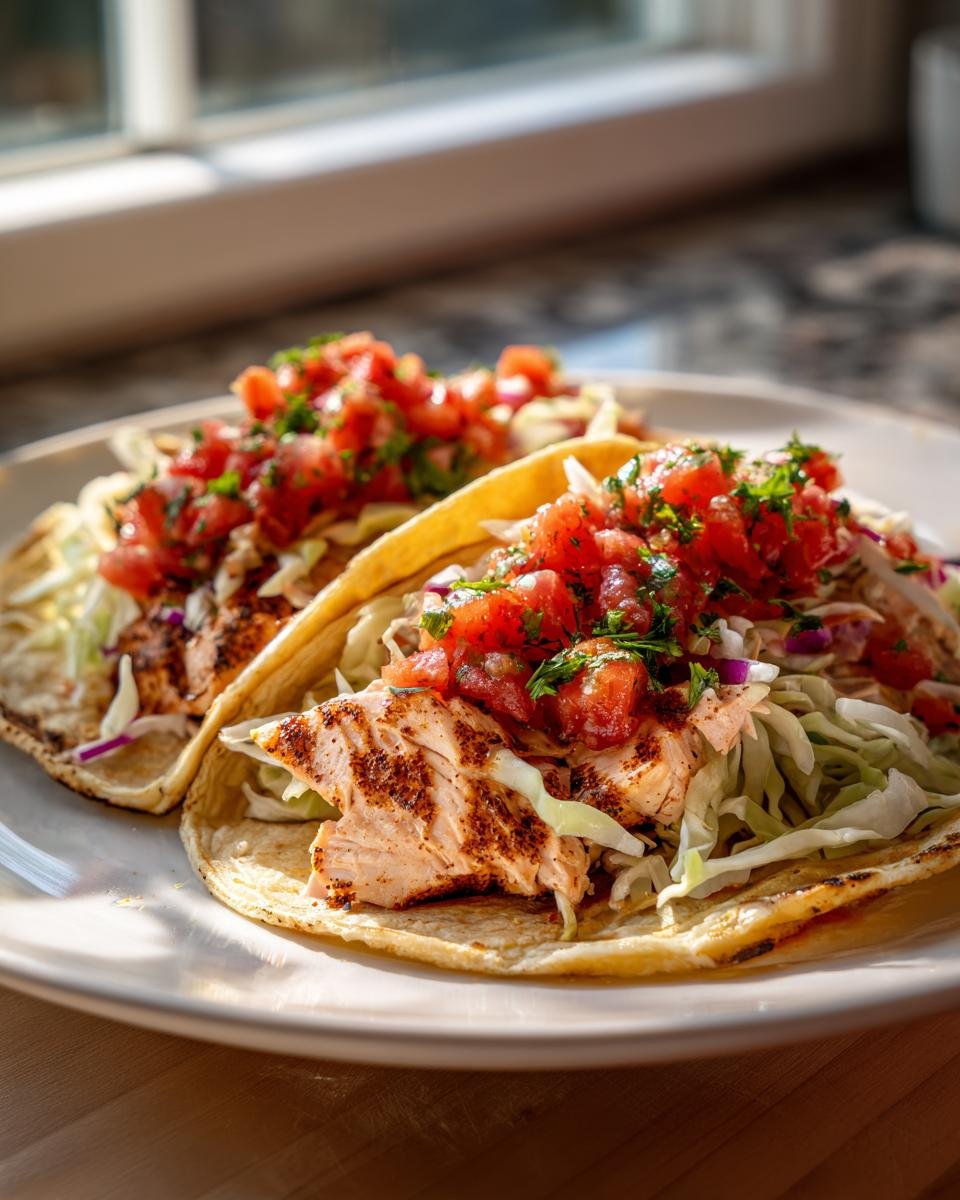 Two delicious Salmon Tacos filled with seasoned salmon, cabbage slaw, and fresh pico de gallo salsa.