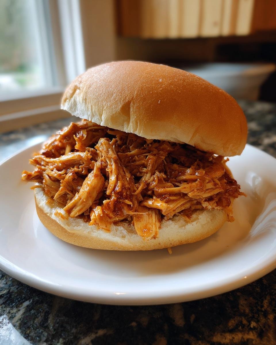 A close-up of a delicious shredded chicken sandwich piled high on a soft bun, served on a white plate.
