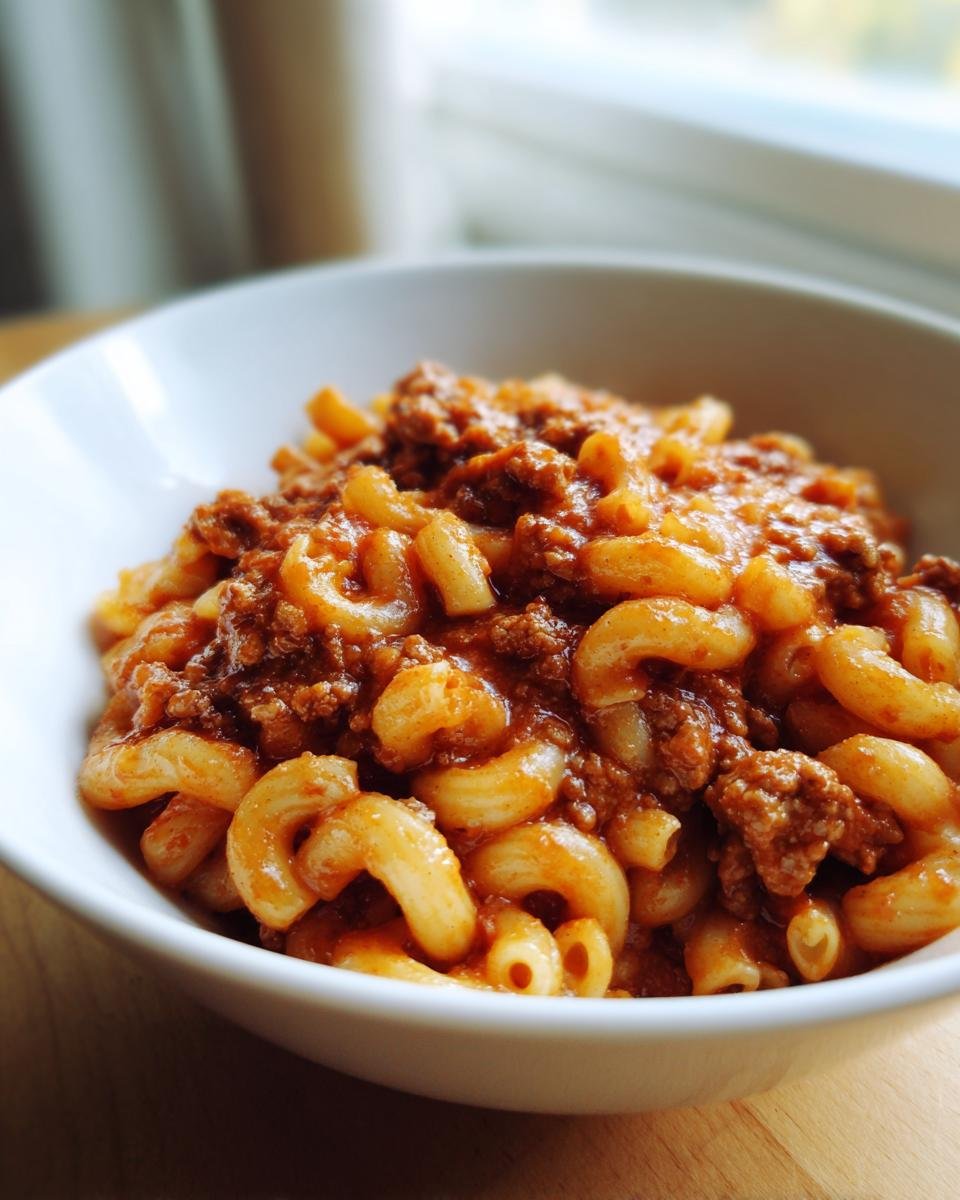 Close-up of a white bowl filled with saucy American Chop Suey featuring elbow macaroni and ground beef.