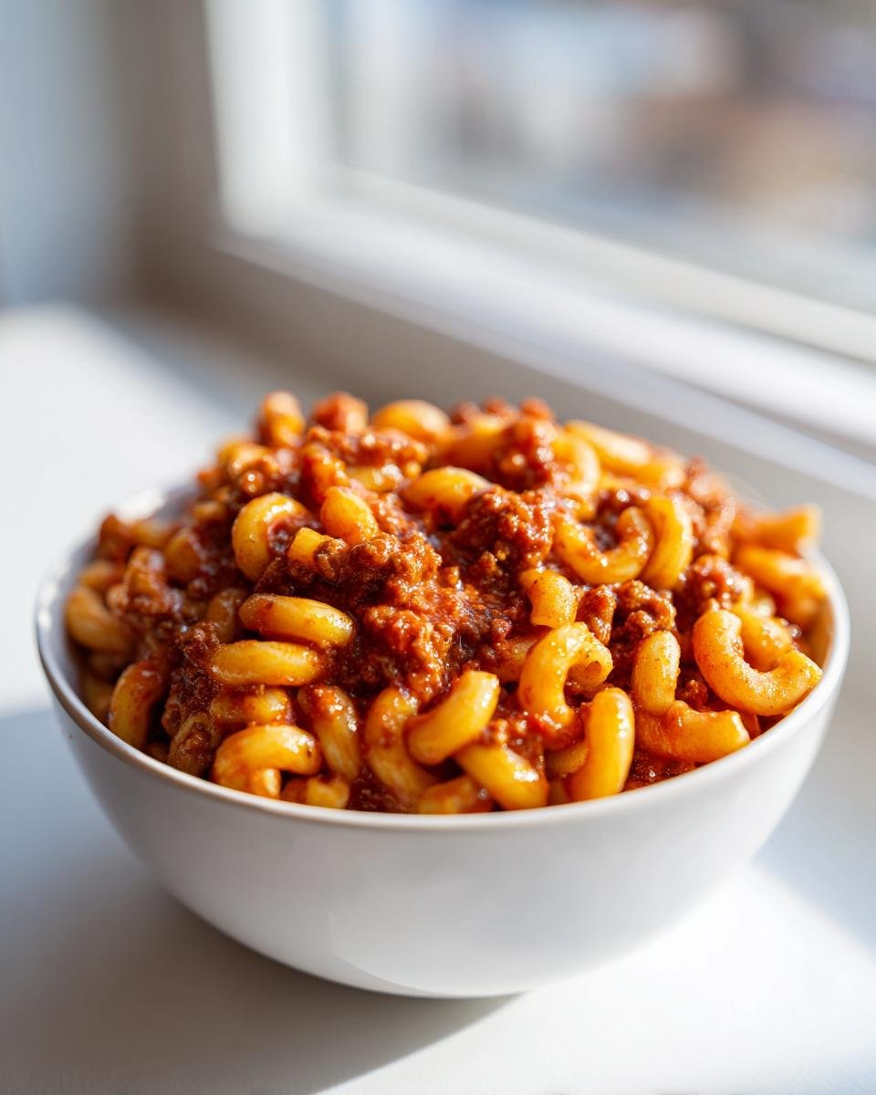 A close-up of a white bowl filled with rich American Chop Suey, featuring elbow macaroni coated in a meaty tomato sauce.