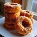 A stack of freshly made Apple Cider Donuts Recipe coated heavily in cinnamon sugar, sitting on a white plate.