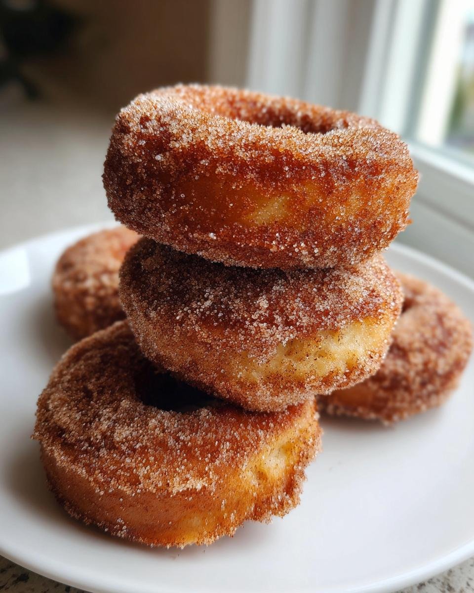 A stack of three golden brown Apple Cider Donuts coated heavily in cinnamon sugar on a white plate.
