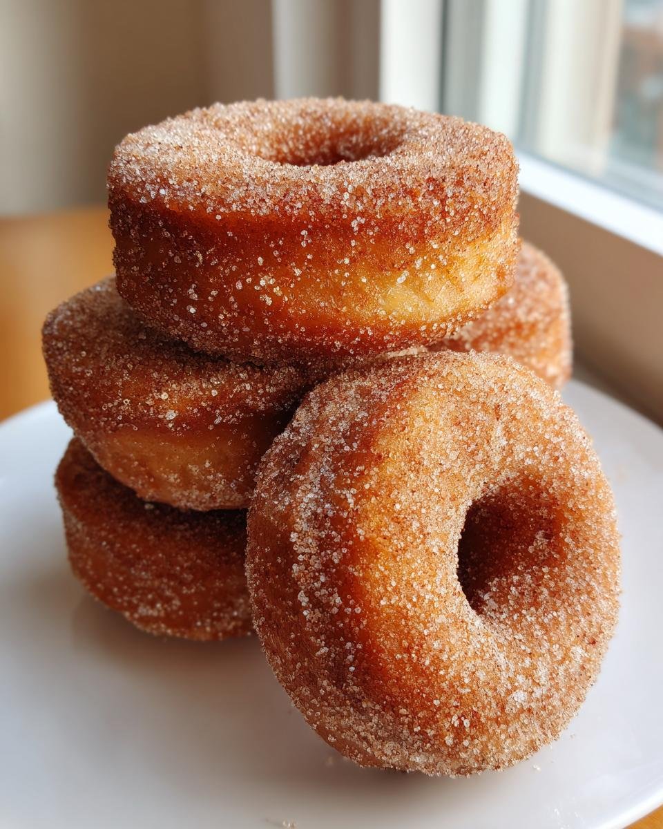 A stack of four freshly made, sugar-coated Apple Cider Donuts Recipe resting on a white plate.