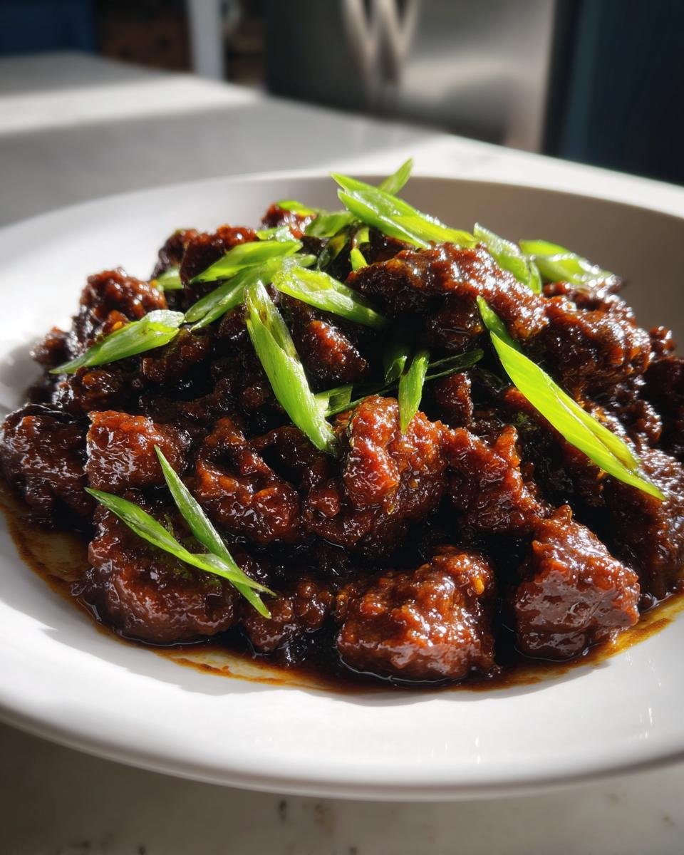 Close-up of rich, dark Asian ground beef coated in sauce and topped with bright green sliced scallions.