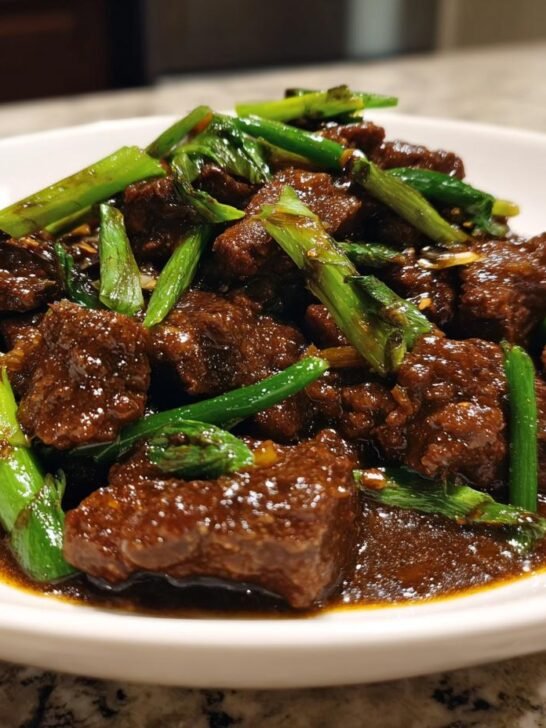 Close-up of rich, saucy Asian Ground Beef pieces mixed with bright green scallions served in a white bowl.