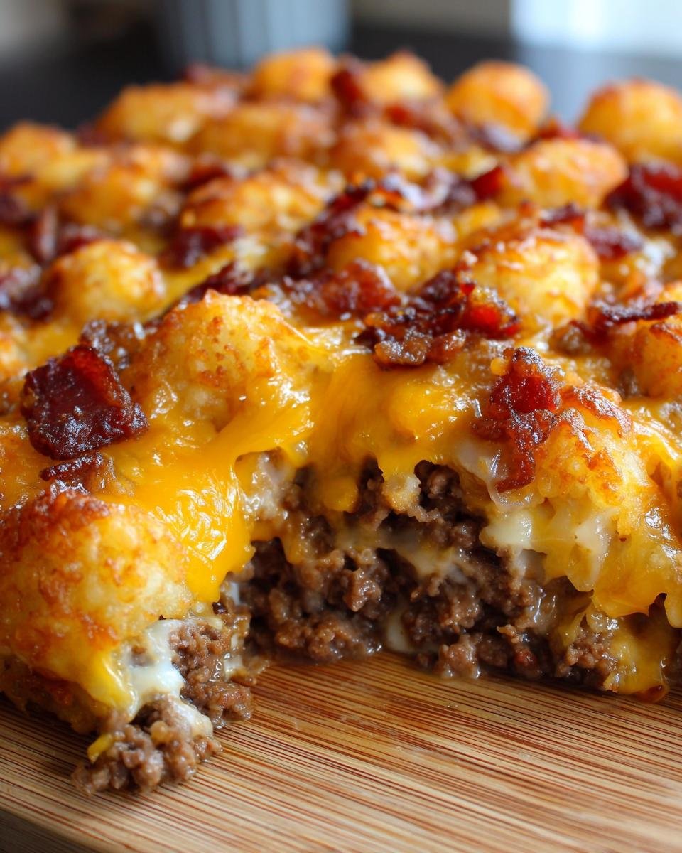 A scoop taken out of the Bacon Cheeseburger Tater Tot Casserole showing ground beef, melted cheese, and crispy tater tots.
