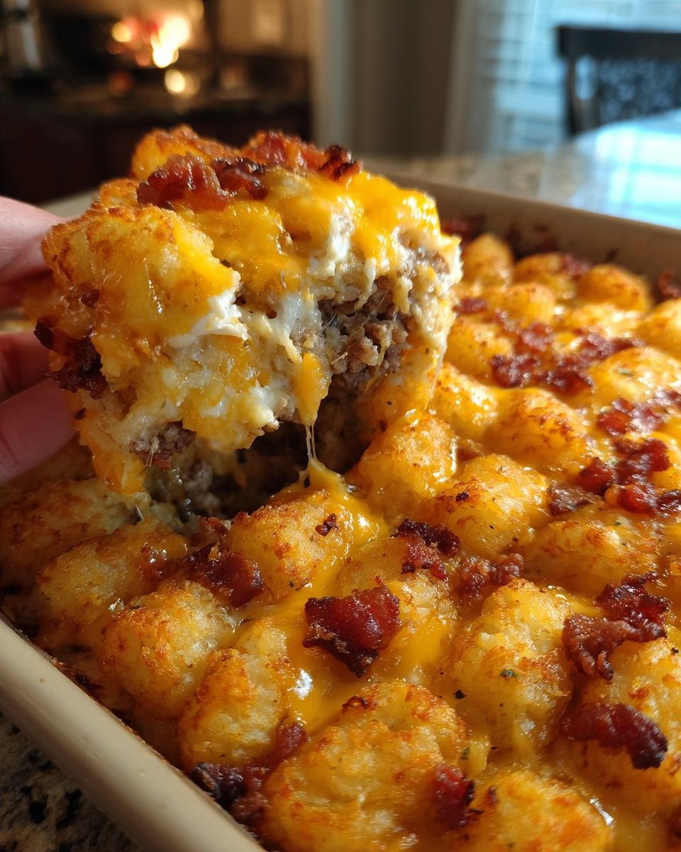 A hand lifts a cheesy, meaty portion from a Bacon Cheeseburger Tater Tot Casserole topped with crispy bacon.