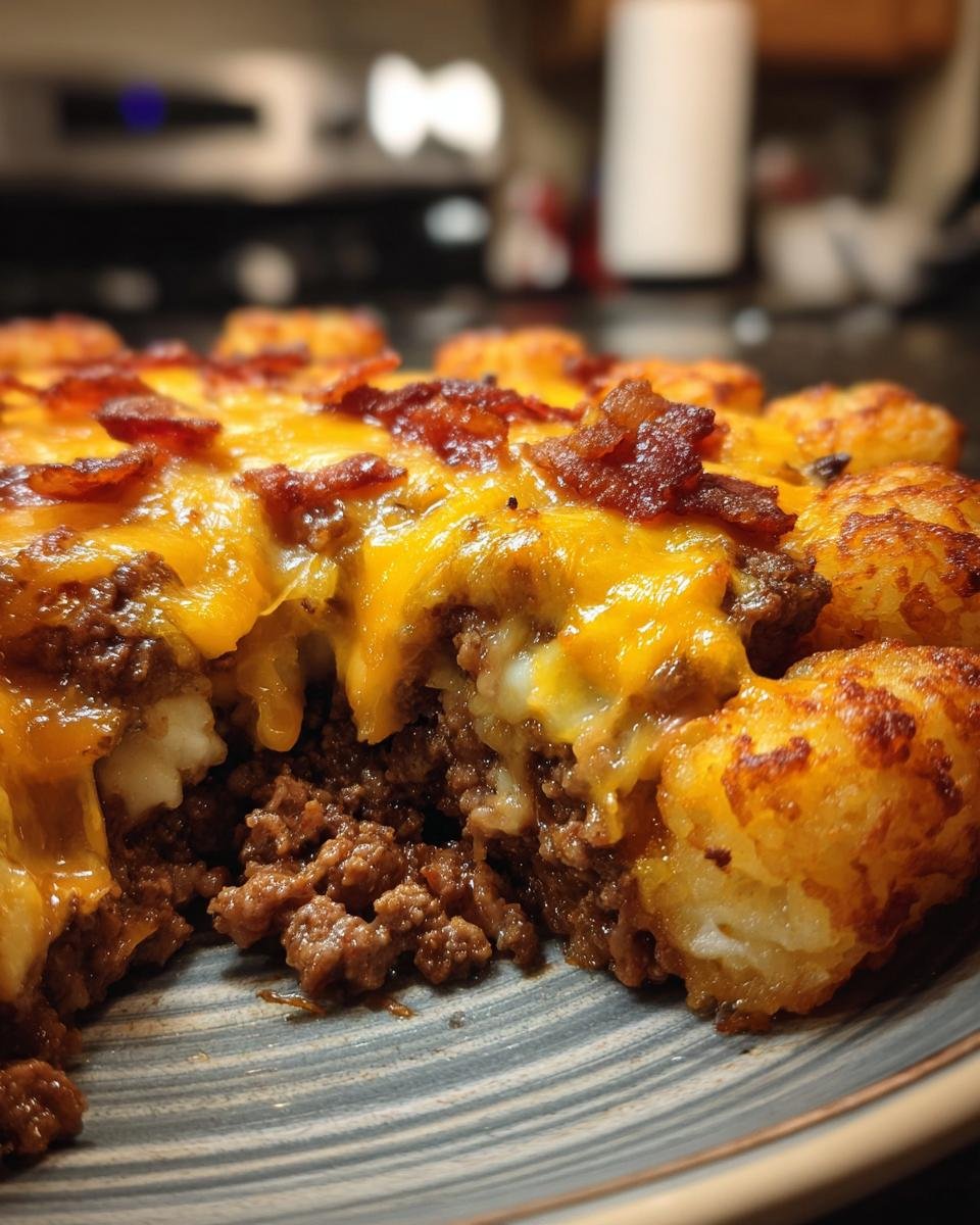 A close-up cross-section showing the layers of Bacon Cheeseburger Tater Tot Casserole with ground beef, melted cheese, and crispy tater tots.