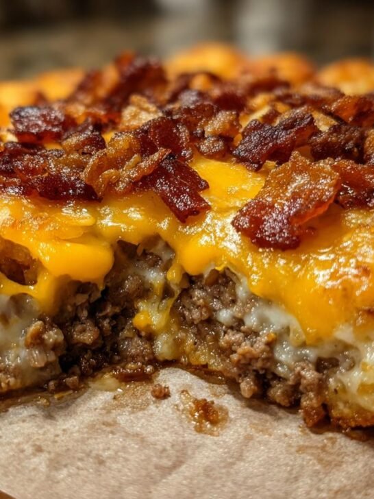 A cross-section view of the Bacon Cheeseburger Tater Tot Casserole showing crispy tater tots, ground beef, melted cheese, and bacon bits.
