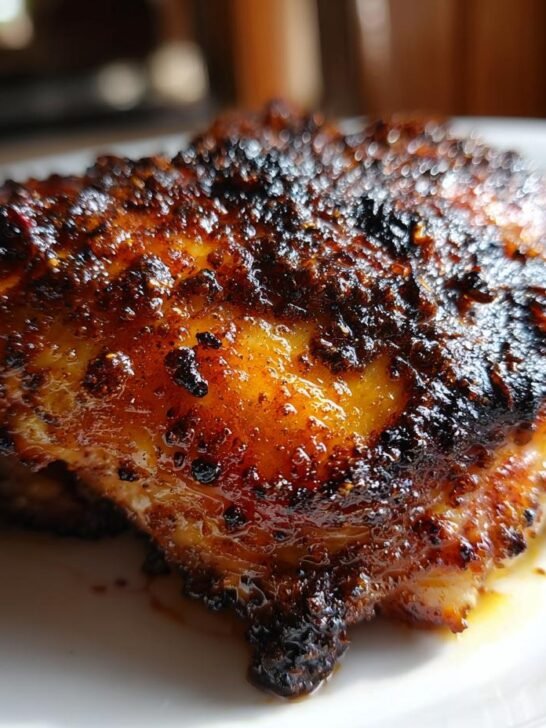 Close-up of a perfectly cooked Middle Eastern Baharat Baked Chicken Thighs with dark, crispy, spiced skin.