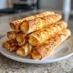 A stack of golden brown, baked cream cheese chicken taquitos with melted, bubbly cheese on a white plate.