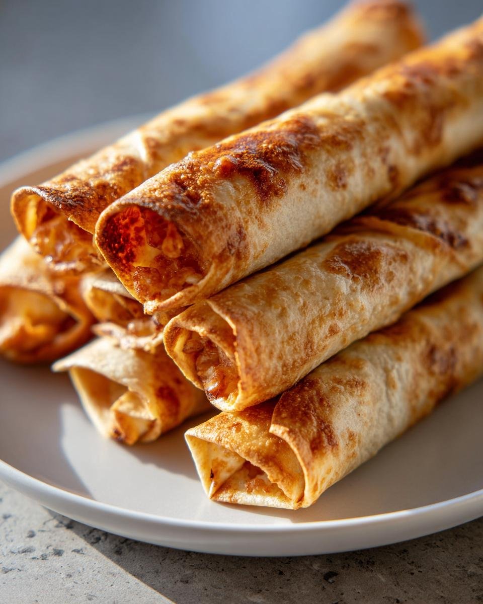 A stack of golden brown Baked Cream Cheese Chicken Taquitos resting on a light gray plate.