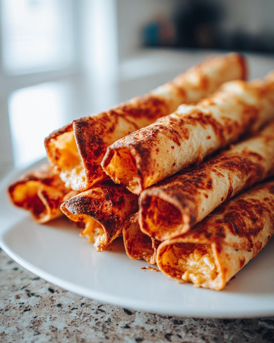 A close-up of several golden-brown, crispy Baked Cream Cheese Chicken Taquitos stacked on a white plate.