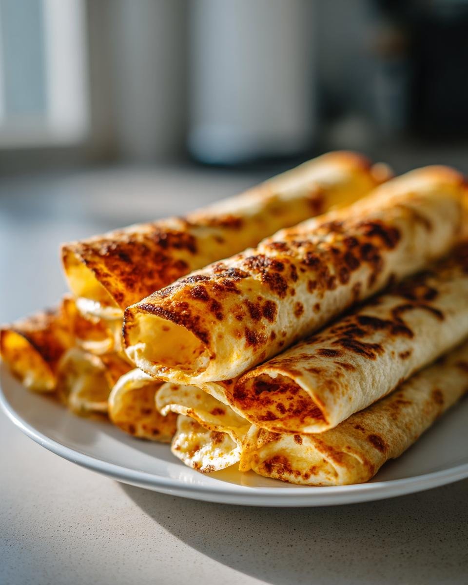 A stack of golden brown Baked Cream Cheese Chicken Taquitos with slightly charred edges on a white plate.