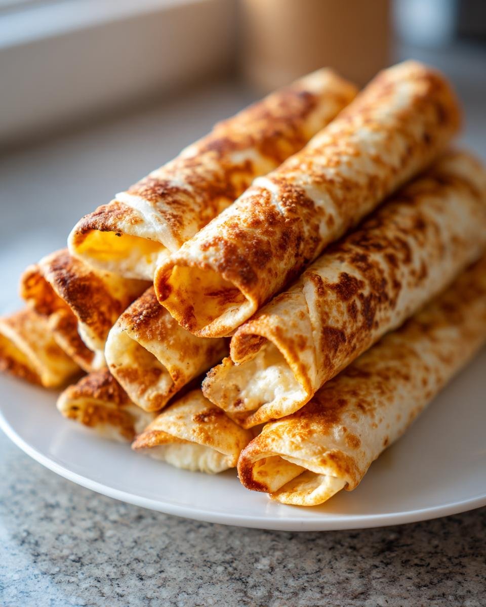 A stack of golden, baked Cream Cheese Chicken Taquitos with visible creamy filling on a white plate.