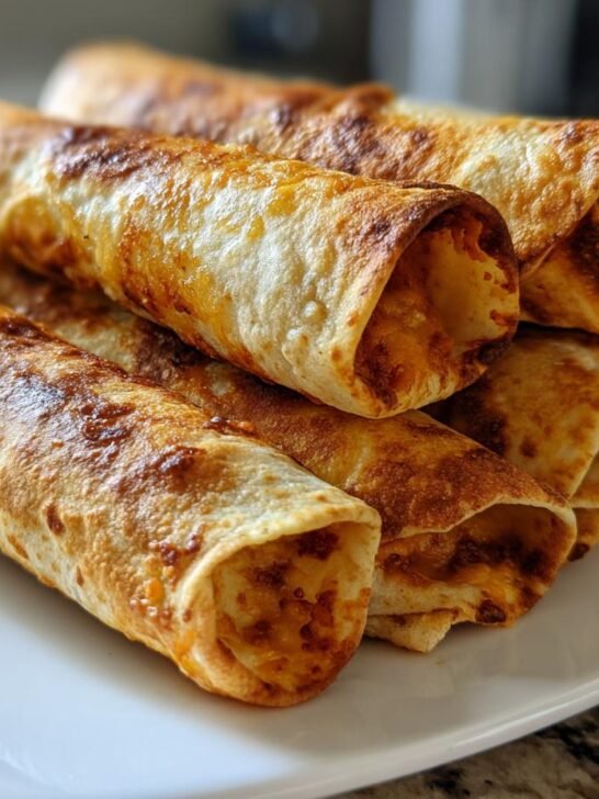 A stack of golden brown, crispy Baked Cream Cheese Chicken Taquitos resting on a white plate.