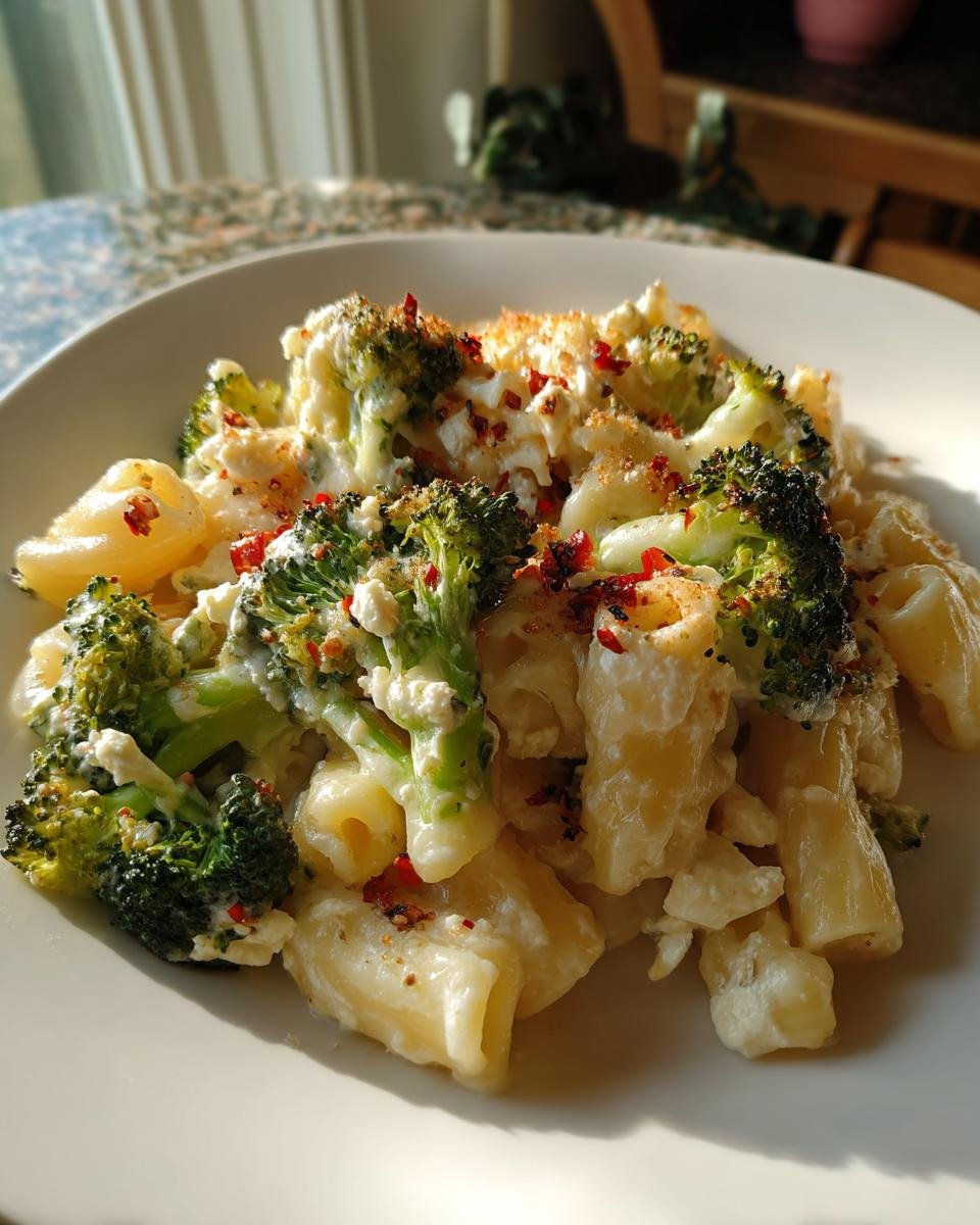 A close-up serving of creamy Baked Feta Broccoli Pasta topped with roasted broccoli florets and red pepper flakes.
