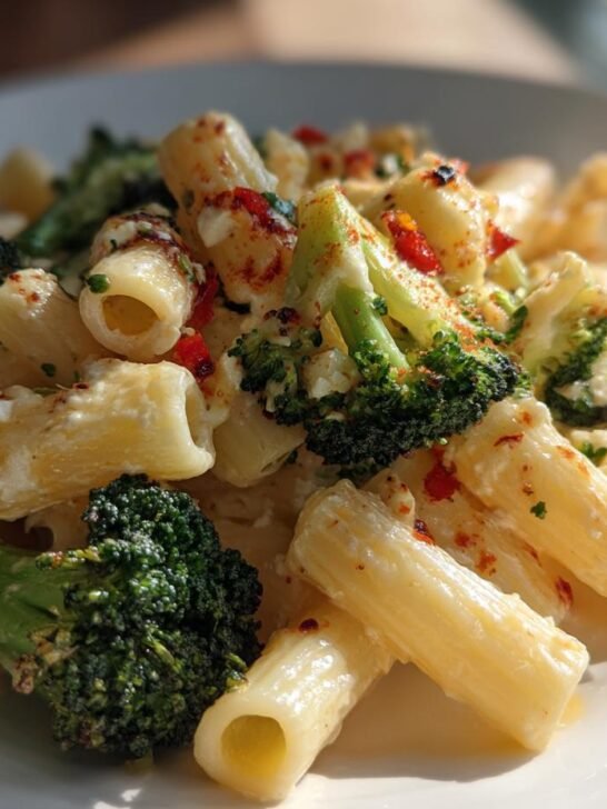 Close-up of creamy Baked Feta Broccoli Pasta featuring rigatoni, bright green broccoli florets, and sprinkled spices.