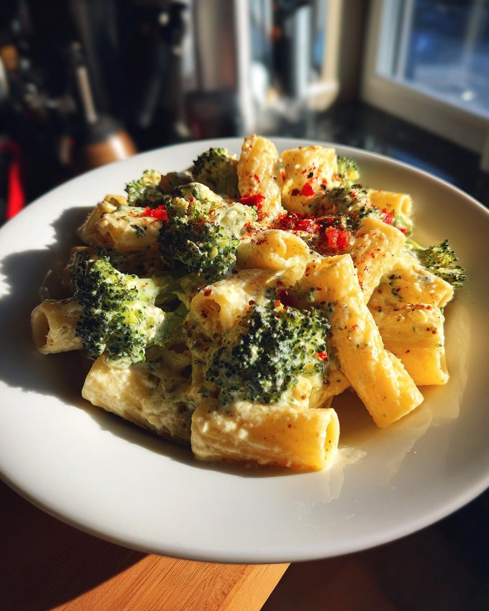 A close-up of creamy Baked Feta Broccoli Pasta with rigatoni noodles and bright green florets, seasoned with red pepper flakes.