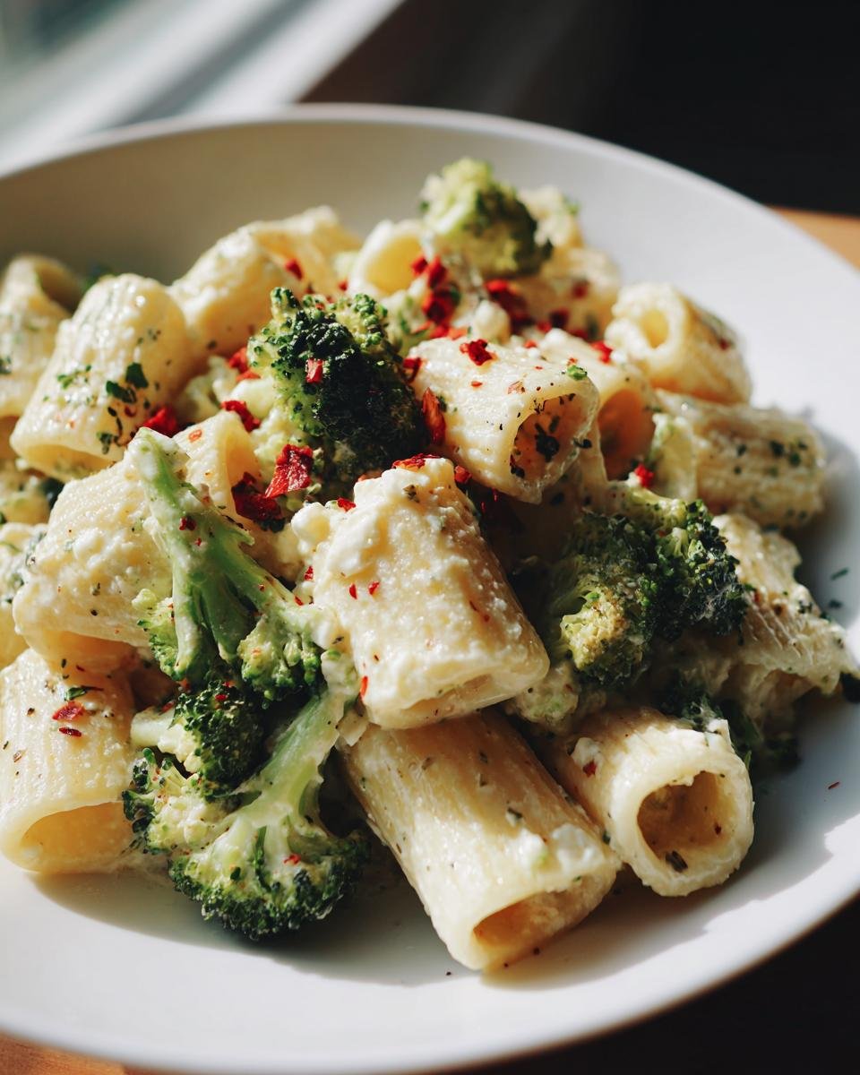 Close-up of creamy Baked Feta Broccoli Pasta featuring rigatoni tubes, bright green broccoli florets, and red pepper flakes.