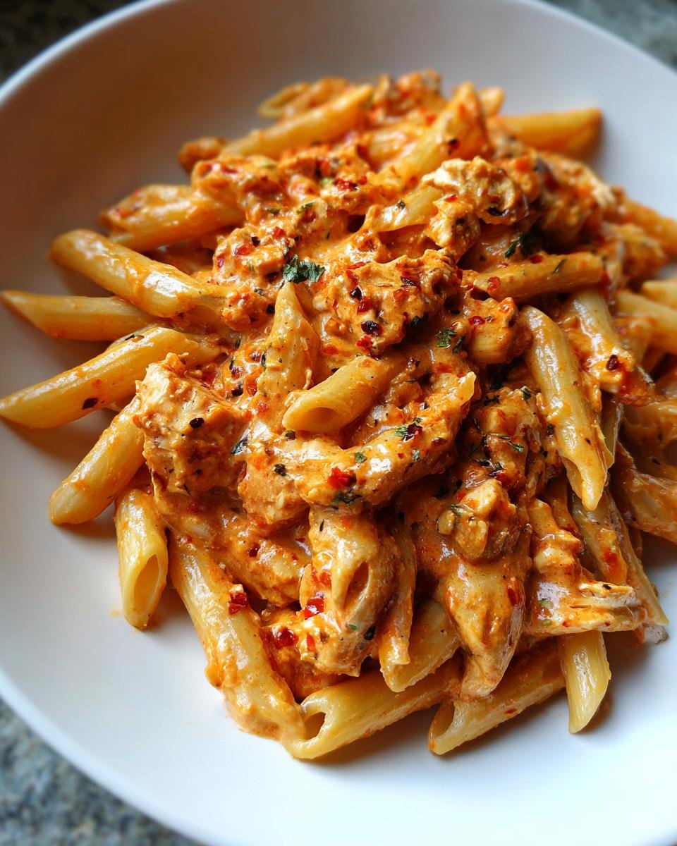 Close-up of creamy Baked Feta Chicken Pasta with penne noodles and red pepper flakes in a white bowl.