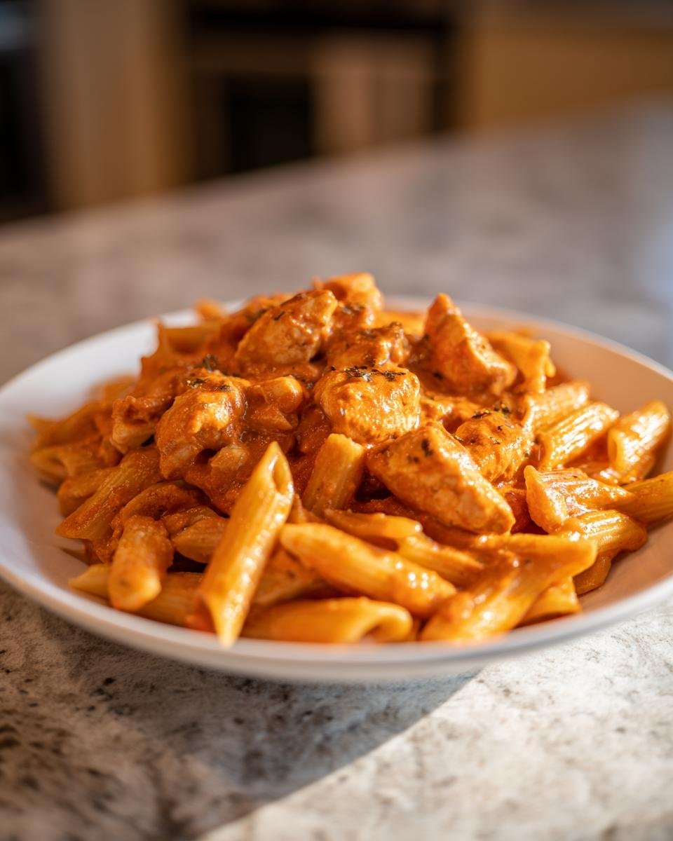 Close-up of creamy Baked Feta Chicken Pasta featuring penne noodles and chunks of seasoned chicken in a rich, orange sauce.