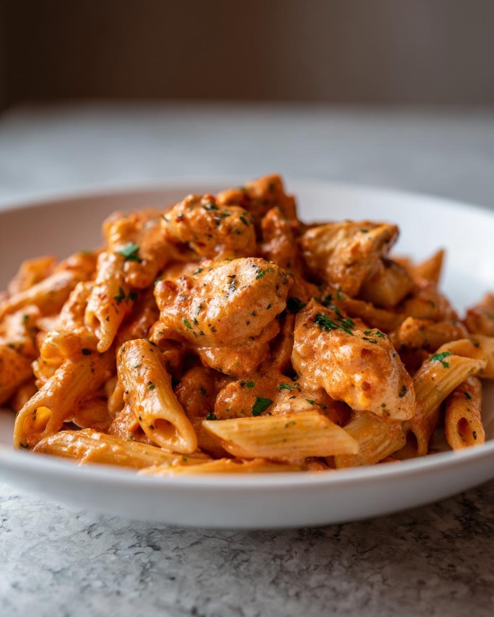 Close-up of creamy, orange-sauced Baked Feta Chicken Pasta featuring penne pasta and chunks of seasoned chicken.