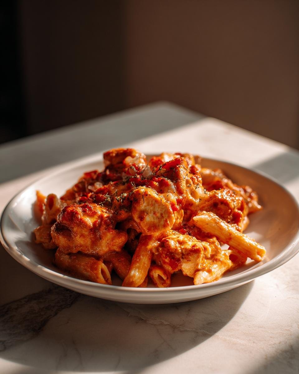 A close-up of a white bowl filled with creamy Baked Feta Chicken Pasta, featuring penne pasta and chunks of chicken in a rich, orange-red sauce.