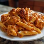 Close-up of a generous serving of creamy, orange-sauced Baked Feta Chicken Pasta with chunks of chicken and penne pasta.