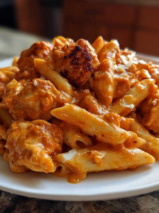 Close-up of a generous serving of creamy, orange-sauced Baked Feta Chicken Pasta with chunks of chicken and penne pasta.