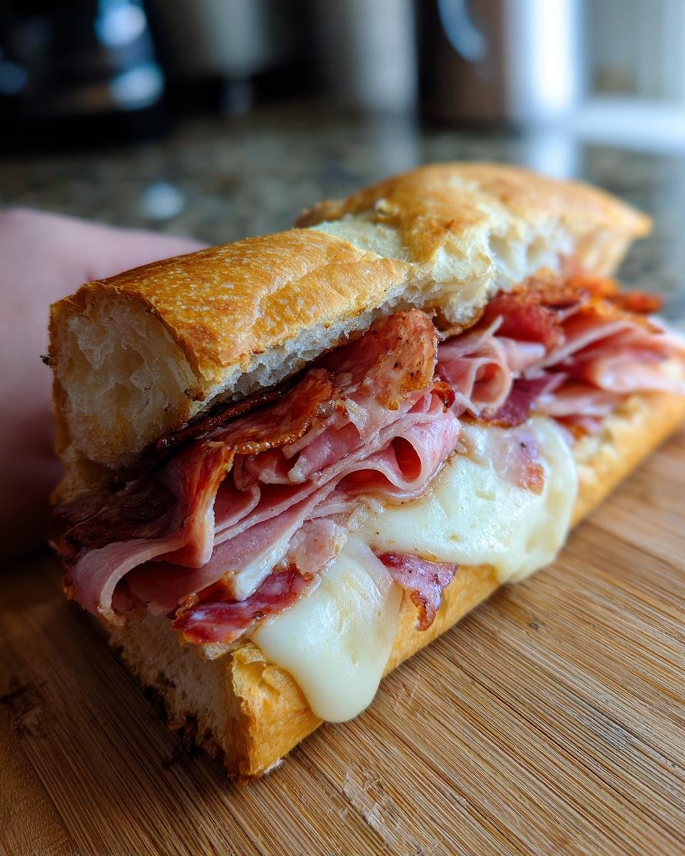 Close-up of a delicious Baked Italian Sub Sandwiches filled with layers of cured meats and melted white cheese.