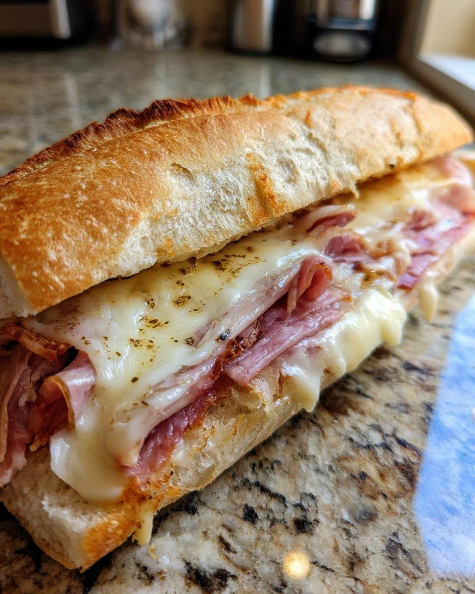 Close-up of a freshly baked Italian sub sandwich with melted white cheese and layers of deli meat.