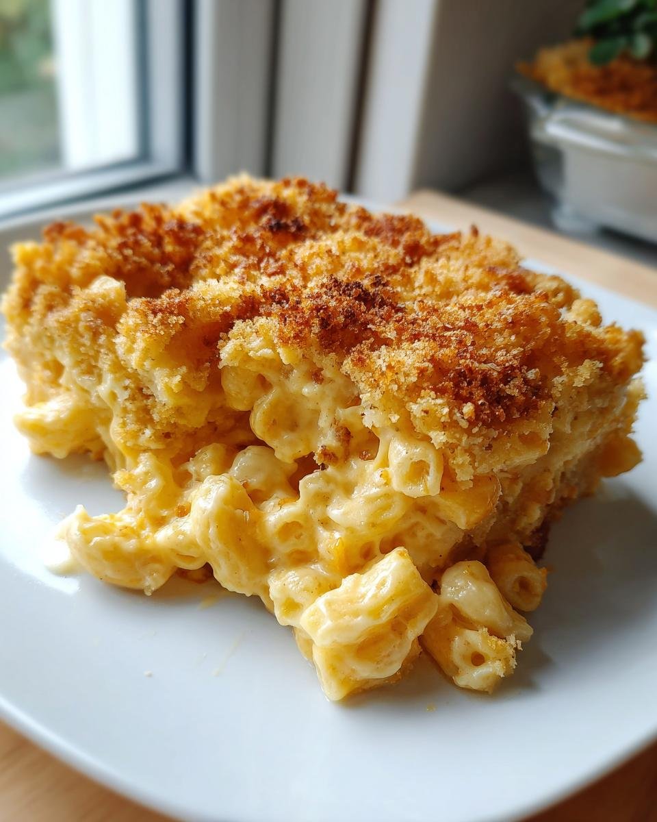 A close-up of a creamy, cheesy serving of Baked Mac And Cheese with a golden, crunchy breadcrumb topping.