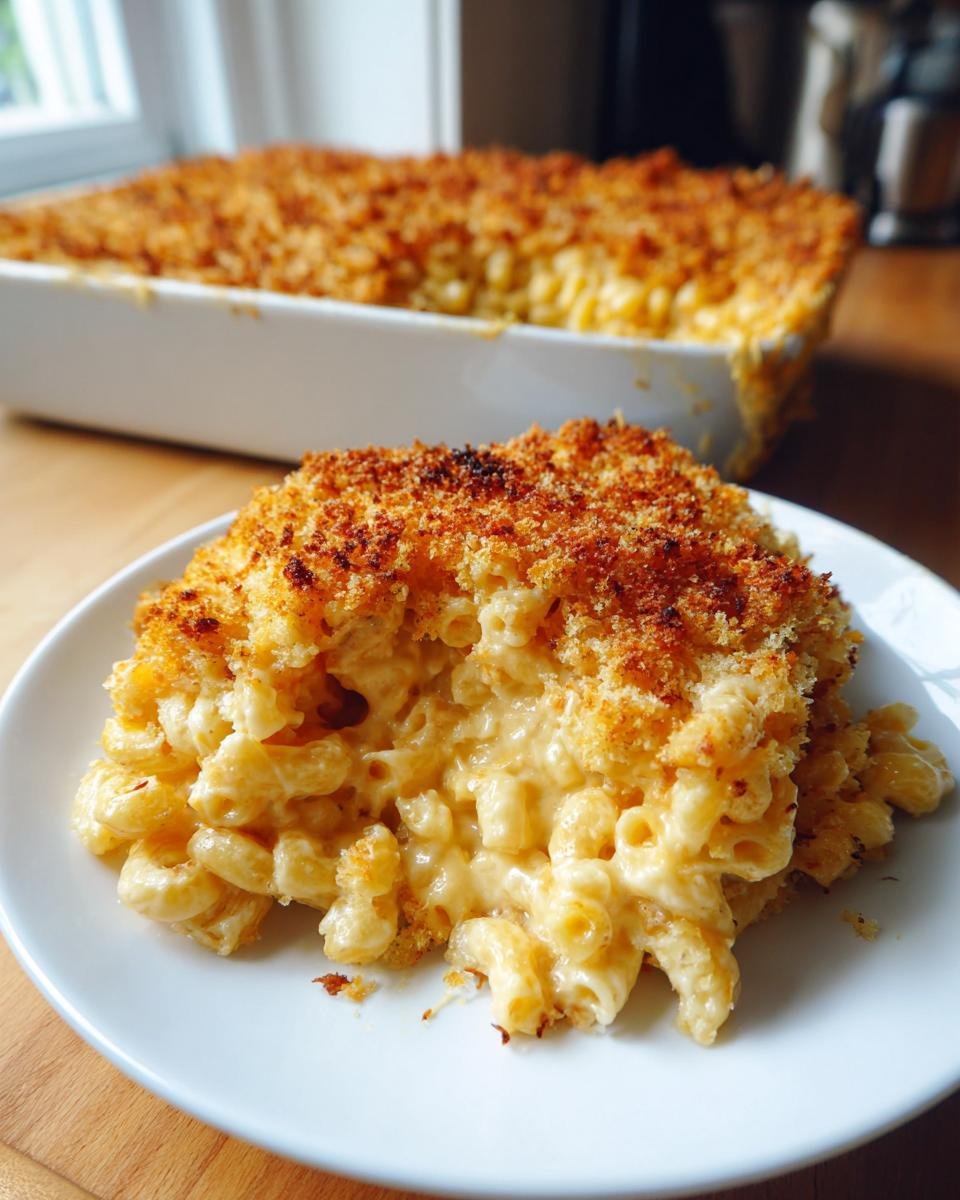 A generous serving of creamy Baked Mac And Cheese with a golden, crunchy breadcrumb topping on a white plate.
