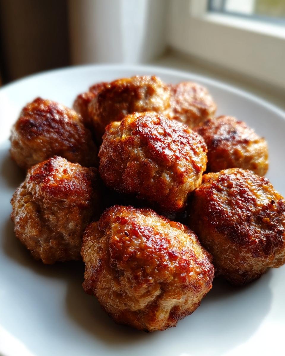 Close-up of several golden-brown, juicy Baked Meatballs piled on a white plate near a window.