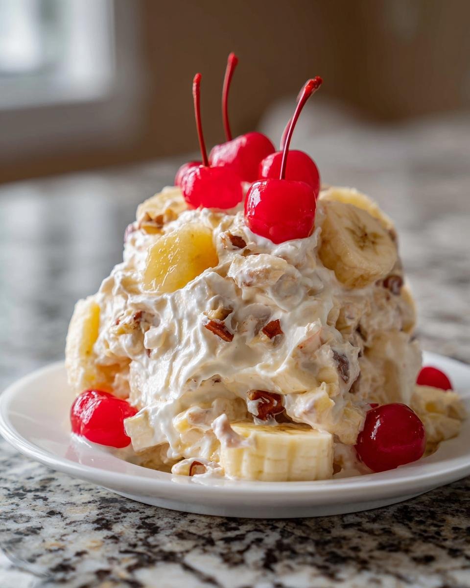 A mound of creamy Banana Split Fluff Salad topped with maraschino cherries and sliced bananas.