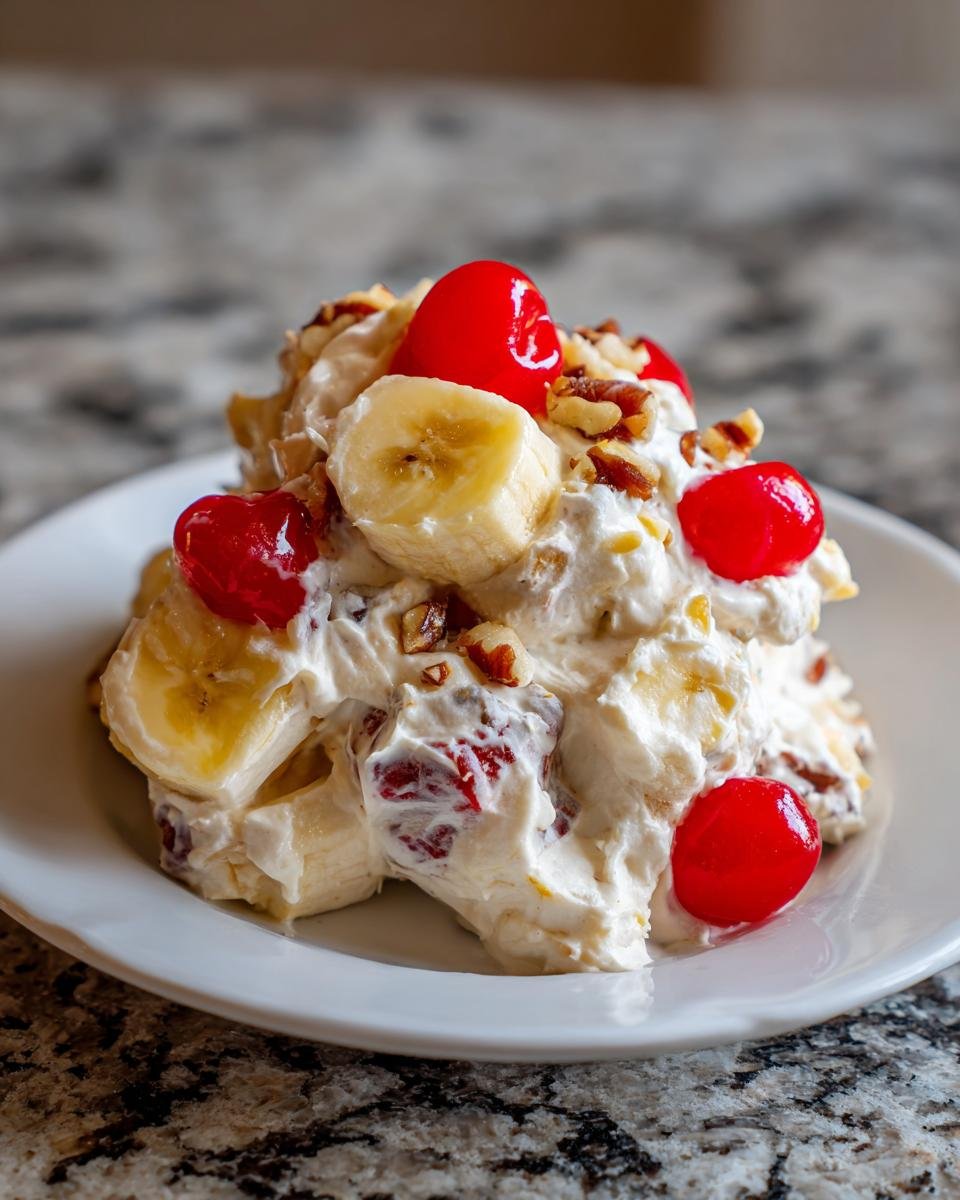 A scoop of creamy Banana Split Fluff Salad topped with banana slices, pecans, and bright red maraschino cherries.