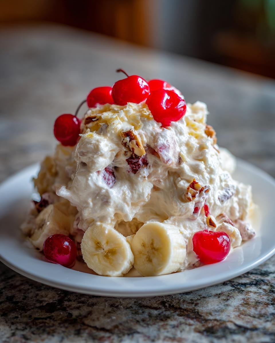 A scoop of creamy Banana Split Fluff Salad topped with maraschino cherries and surrounded by banana slices.