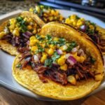 Close-up of delicious Bbq Brisket Elote Tacos filled with shredded meat and corn salsa on a white plate.