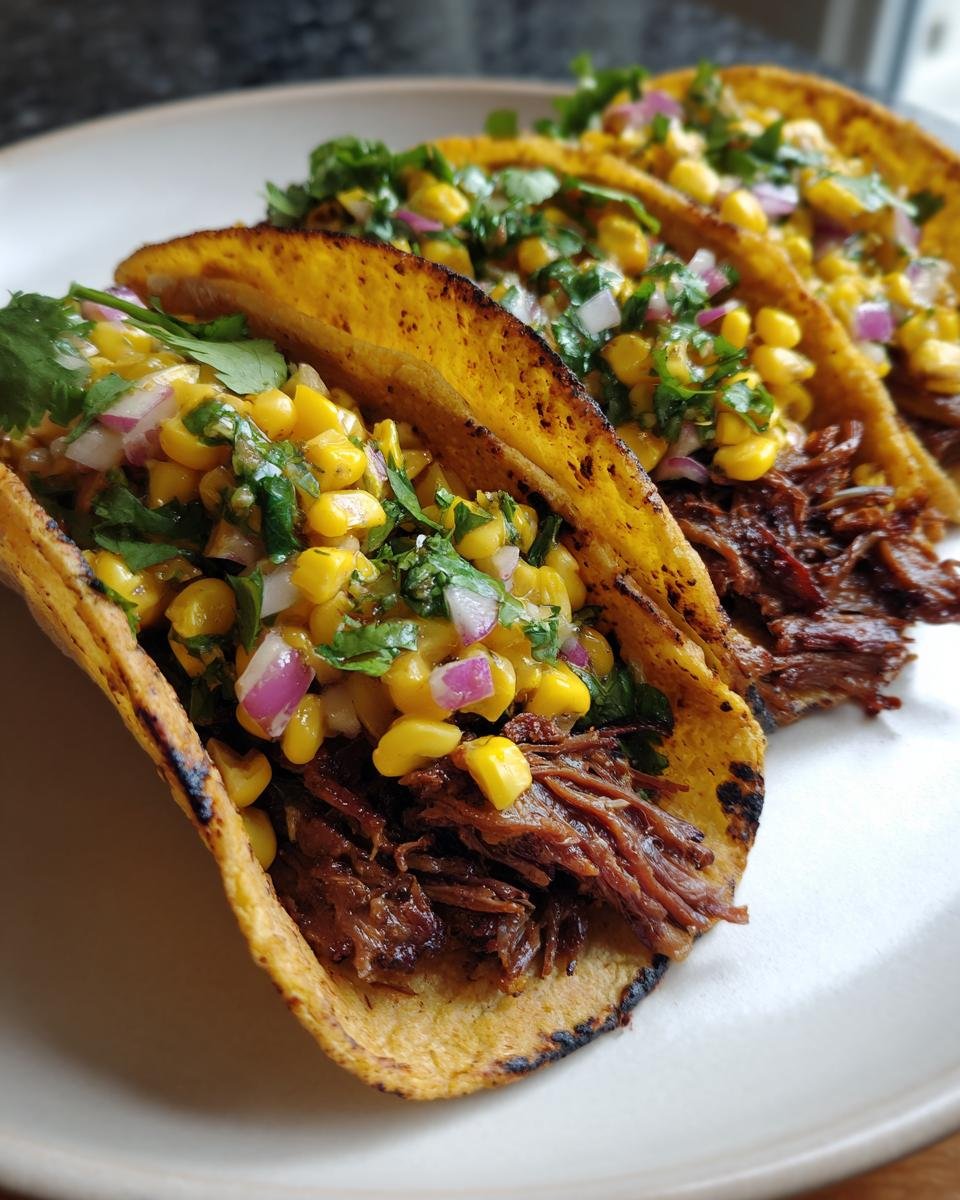 Three delicious Bbq Brisket Elote Tacos filled with shredded meat and corn salsa, served on a white plate.