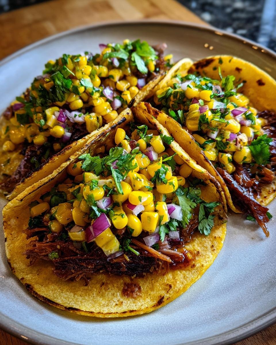 Three delicious Bbq Brisket Elote Tacos piled high with corn salsa and cilantro on a light gray plate.