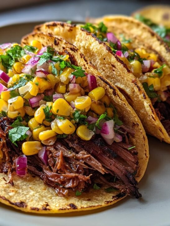 Close-up of three Bbq Brisket Elote Tacos filled with shredded meat and corn salsa.