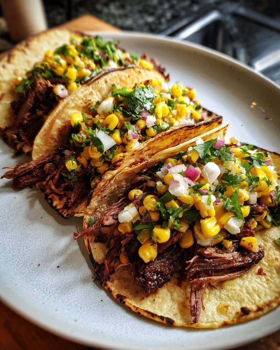 Close-up of three delicious Bbq Brisket Elote Tacos filled with shredded meat and corn salsa.