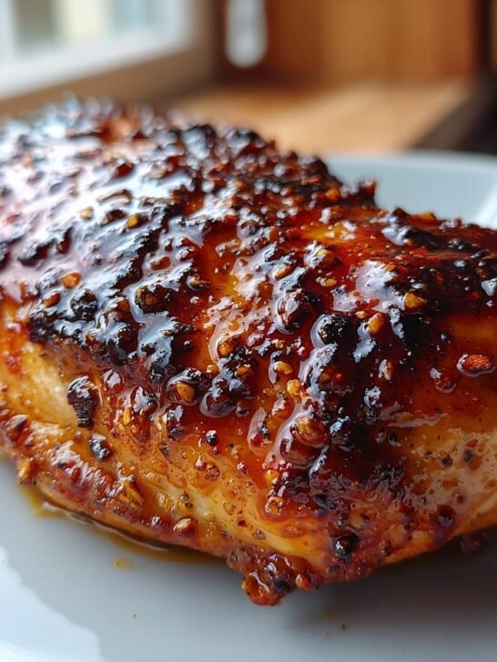 Close-up of a juicy Bbq Ranch Grilled Chicken breast with a thick, caramelized, and slightly charred glaze.