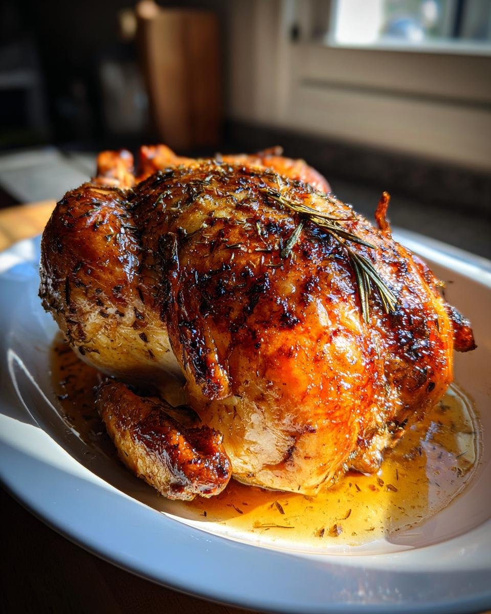 A whole, beautifully roasted chicken with glossy, golden-brown skin, seasoned with herbs, resting in its juices. This is the Best Roast Chicken Recipe.