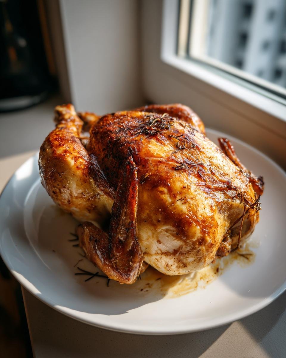 A whole, golden-brown roasted chicken with crispy skin and herbs, resting on a white plate, ready for the Best Roast Chicken Recipe.