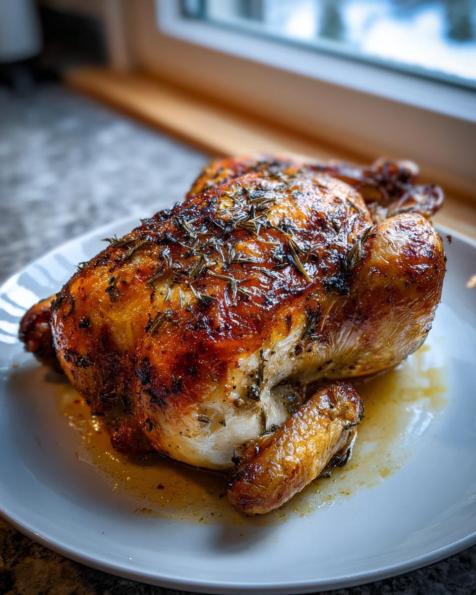 A whole, golden-brown roasted chicken seasoned with herbs, resting on a white plate, showcasing the Best Roast Chicken Recipe.