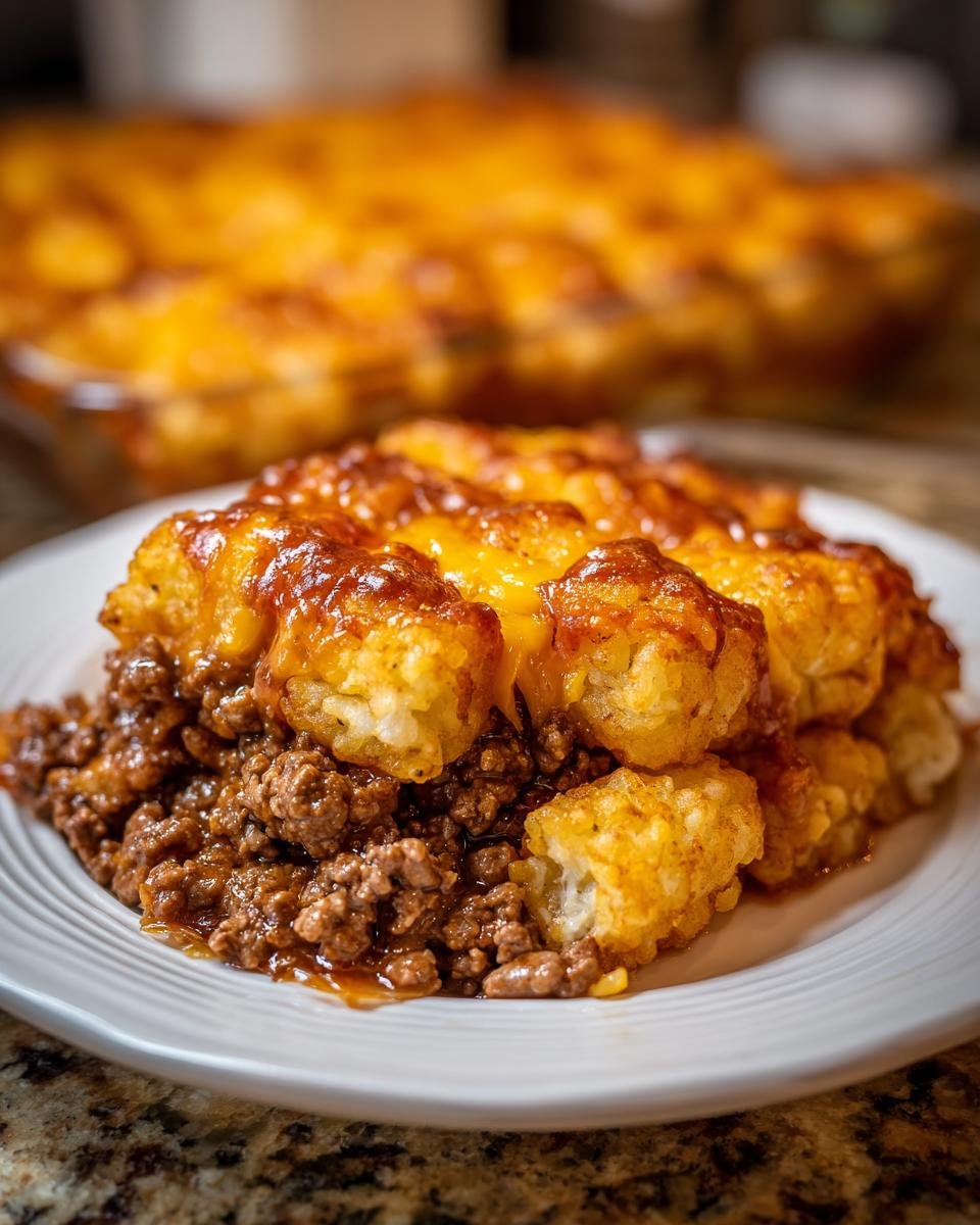 A close-up serving of Big Mac Tater Casserole featuring seasoned ground beef topped with crispy tater tots and melted cheddar cheese.